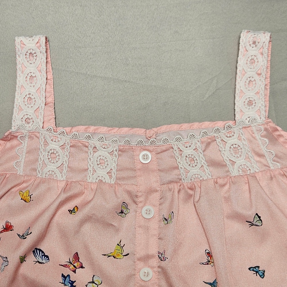 Coquette Butterfly Print Pajama Top Women XL Pink Lace Trim‎ Cottagecore Button